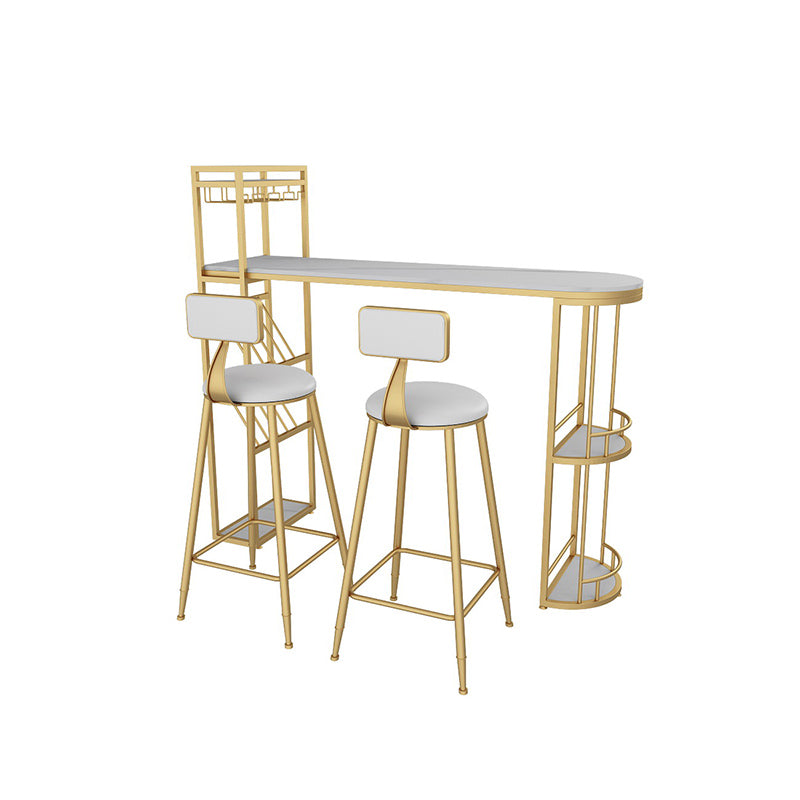 White Stone Glam Indoor Bar Dining Table Iron Double Pedestal Bistro Table with Wine Rack