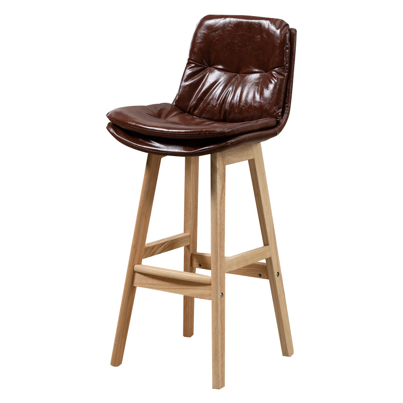 Taburete de bar de cuero con respaldo bajo, moderno taburete de interior con patas de madera