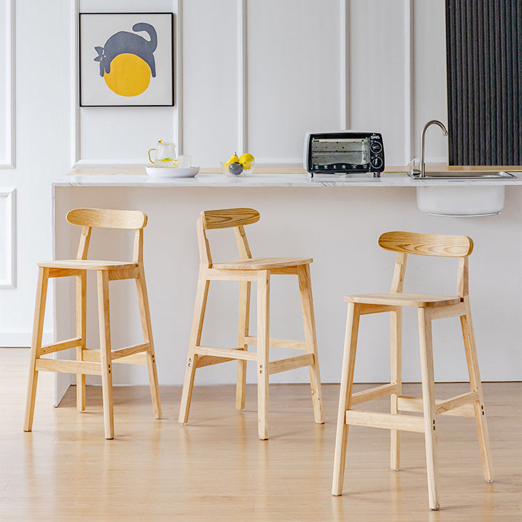 Taburete de bar sin brazos de madera de roble, taburete de bar interior moderno con respaldo y reposapiés