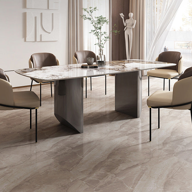 Mesa de mesa de piedra sinterizada de lujo con pedestal gris doble