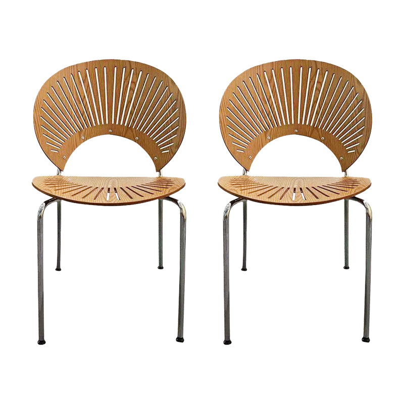Silla lateral casera contemporánea con respaldo abierto, patas de metal, silla de comedor de madera