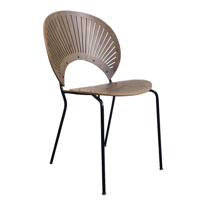 Silla lateral casera contemporánea con respaldo abierto, patas de metal, silla de comedor de madera