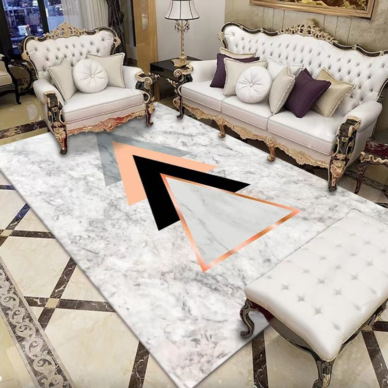 White Geometric Print Rug Polyester Simple Rug Washable Rug for Drawing Room