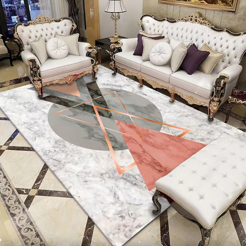 White Geometric Print Rug Polyester Simple Rug Washable Rug for Drawing Room