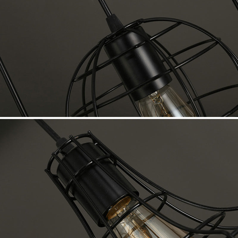 Black Caged Pendant Lighting Industrial Metal 1-Light Restaurant Suspension Light