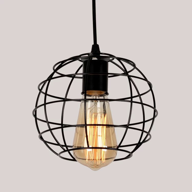Black Caged Pendant Lighting Industrial Metal 1-Light Restaurant Suspension Light