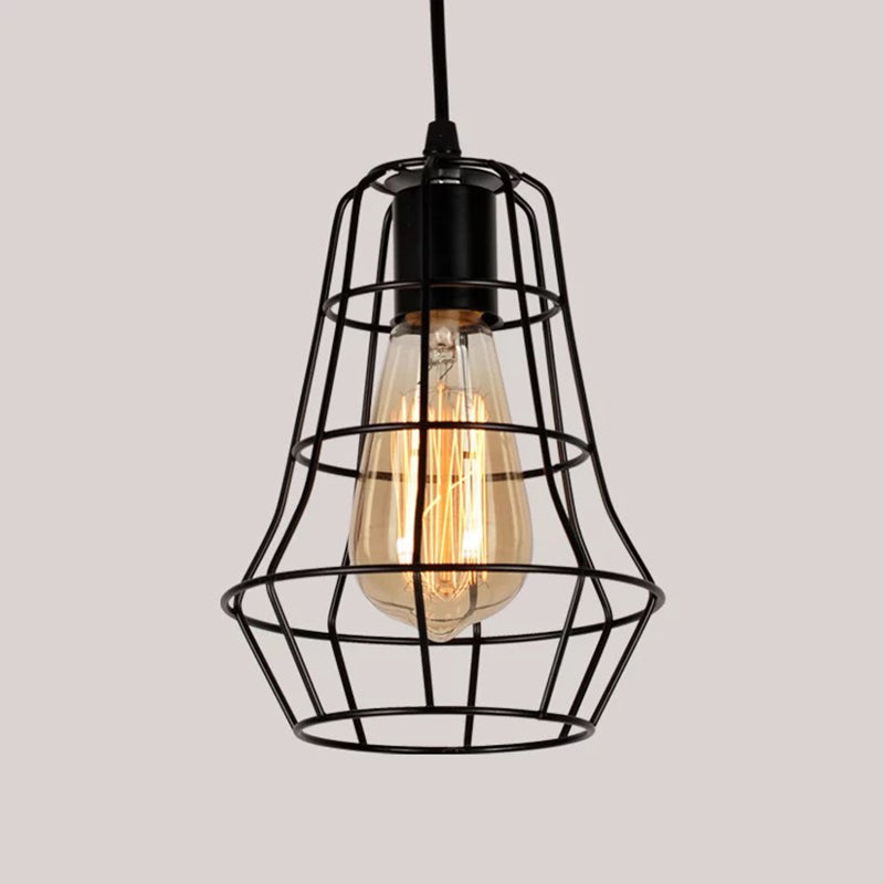 Black Caged Pendant Lighting Industrial Metal 1-Light Restaurant Suspension Light