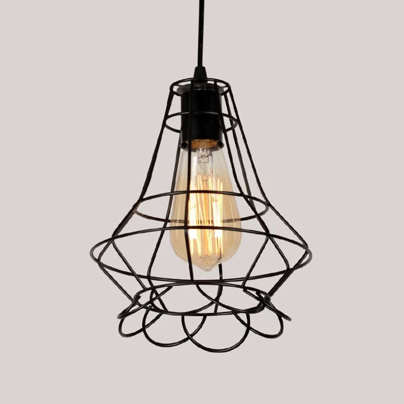 Black Caged Pendant Lighting Industrial Metal 1-Light Restaurant Suspension Light