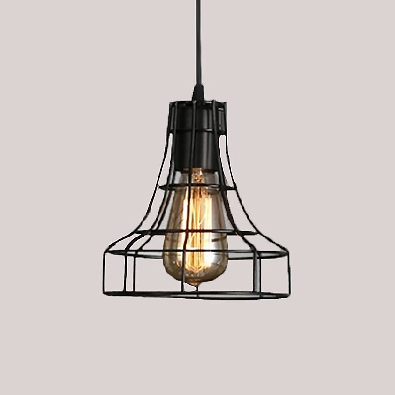 Black Caged Pendant Lighting Industrial Metal 1-Light Restaurant Suspension Light