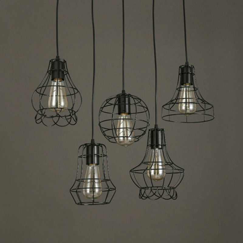 Black Caged Pendant Lighting Industrial Metal 1-Light Restaurant Suspension Light