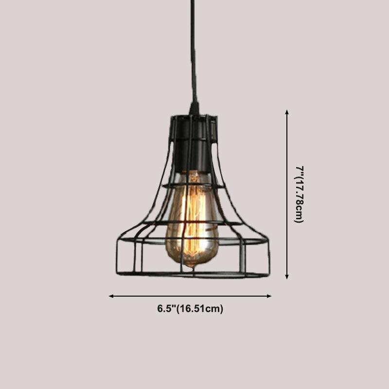 Black Caged Pendant Lighting Industrial Metal 1-Light Restaurant Suspension Light