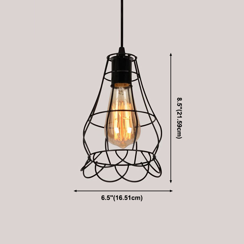 Black Caged Pendant Lighting Industrial Metal 1-Light Restaurant Suspension Light