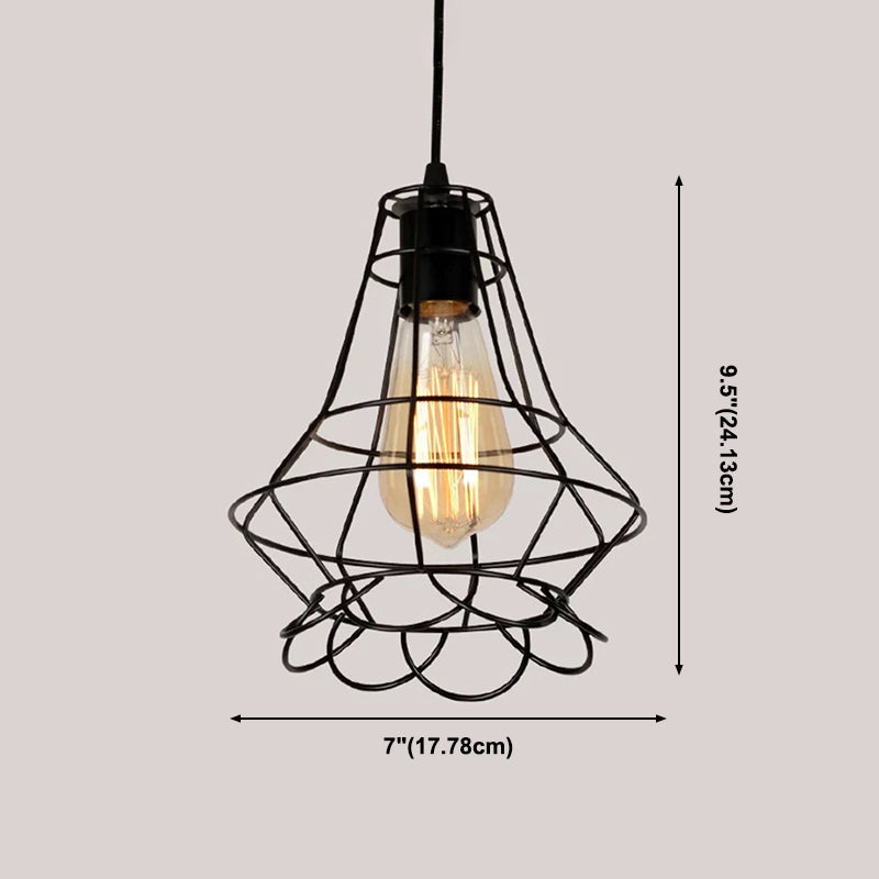 Black Caged Pendant Lighting Industrial Metal 1-Light Restaurant Suspension Light
