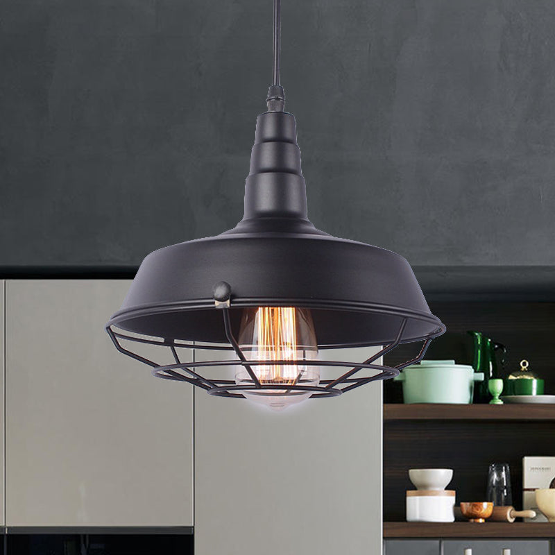 White Inner/Black Wire Guard Pendant Lighting with Barn Shade Vintage Wrought Iron 1 Light Kitchen Suspended Light