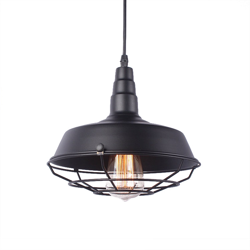 White Inner/Black Wire Guard Pendant Lighting with Barn Shade Vintage Wrought Iron 1 Light Kitchen Suspended Light