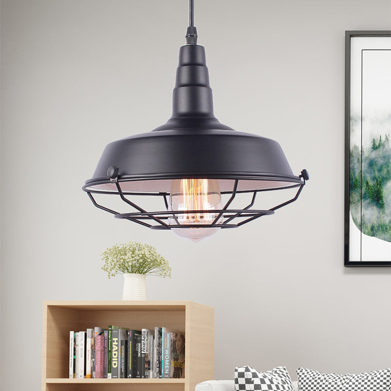 White Inner/Black Wire Guard Pendant Lighting with Barn Shade Vintage Wrought Iron 1 Light Kitchen Suspended Light