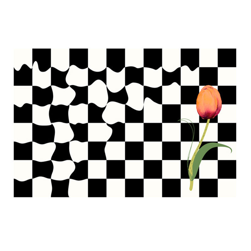 Black Simple Rug Polyester Flower Rug Washable Rug for Living Room