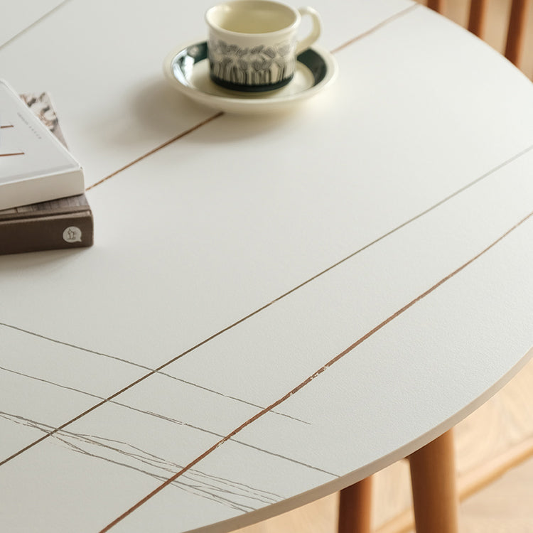 Contemporary Round Dining Table White Sintered Stone Table with 4 Cherry Wood Legs