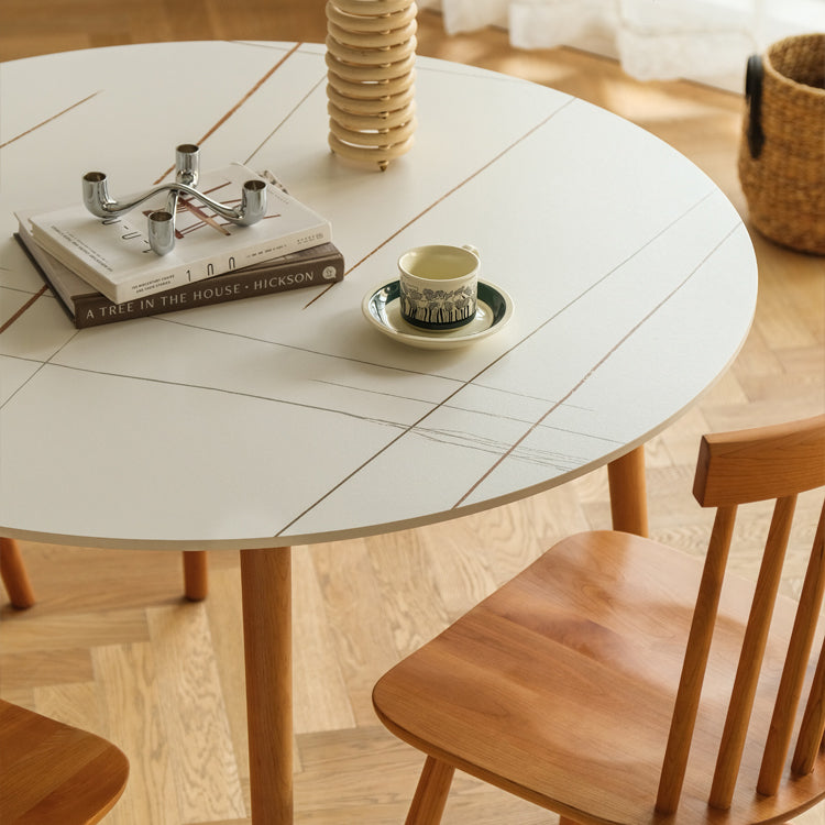 Contemporary Round Dining Table White Sintered Stone Table with 4 Cherry Wood Legs