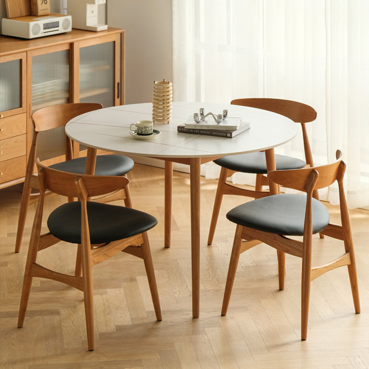 Contemporary Round Dining Table White Sintered Stone Table with 4 Cherry Wood Legs