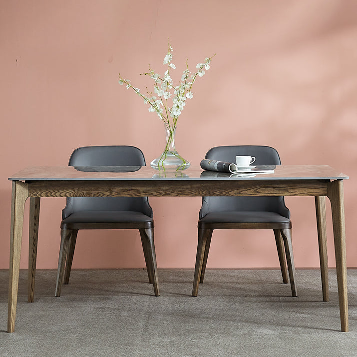 Midden-eeuwse moderne rechthoek eettafel grijs gesinterde stenen tafel met 4 as massief houten benen