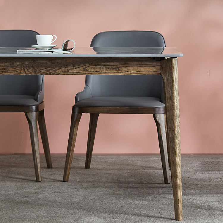 Midden-eeuwse moderne rechthoek eettafel grijs gesinterde stenen tafel met 4 as massief houten benen