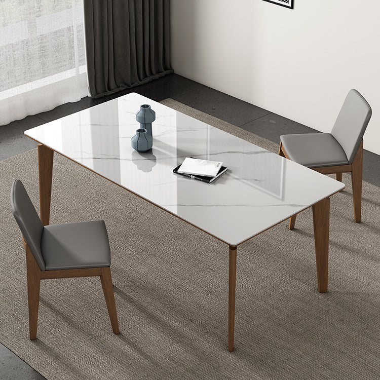 Mid-Century Modern Rectangle Dining Table White Sintered Stone Table with 4 Ash Solid Wood Legs