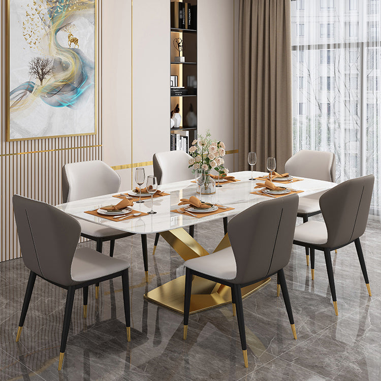 Traditional Luxury Rectangle Dining Table Sintered Stone Table with Gold Pedestal Base