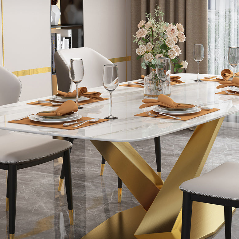 Traditional Luxury Rectangle Dining Table Sintered Stone Table with Gold Pedestal Base