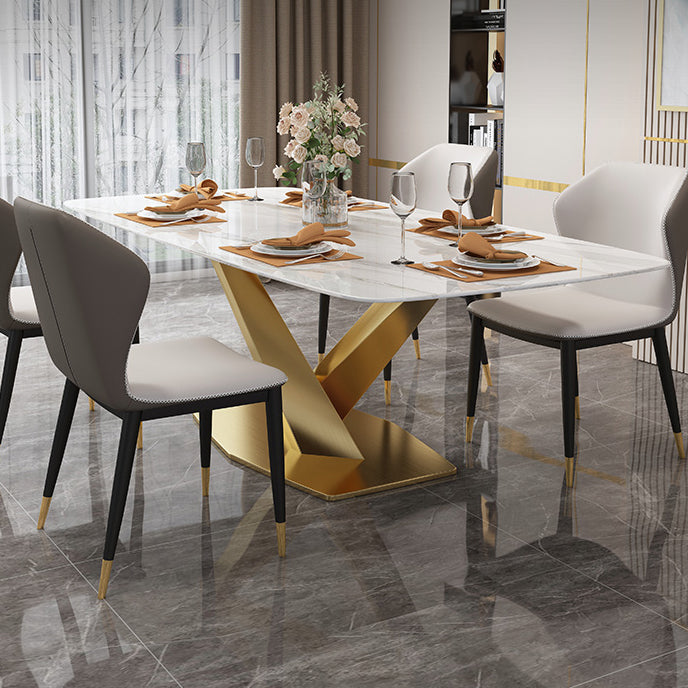 Traditional Luxury Rectangle Dining Table Sintered Stone Table with Gold Pedestal Base