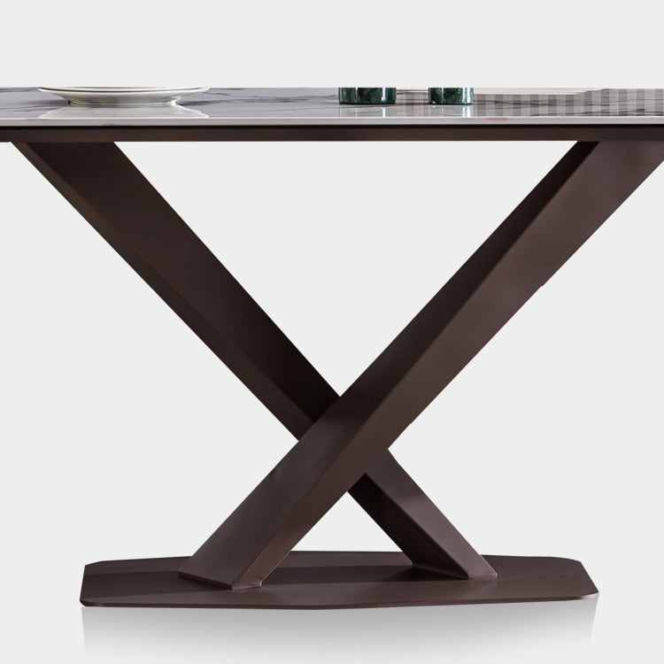 Mesa de rectángulo de lujo tradicional de metal mesa de piedra sinterizada blanca con base de pedestal