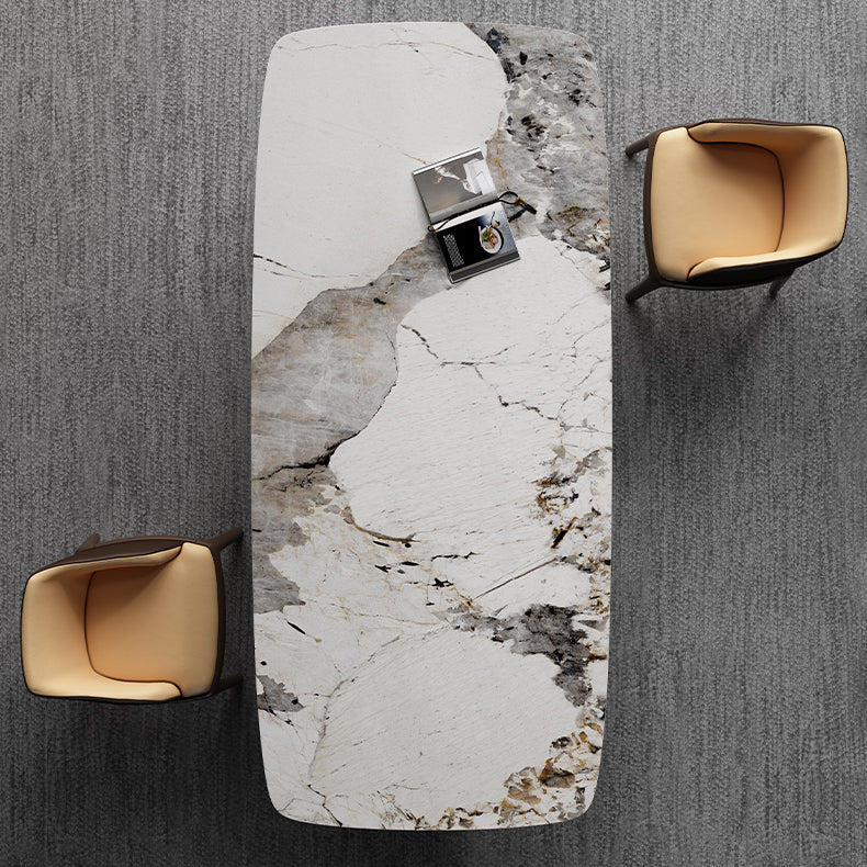 Metal Traditional Luxury Rectangle Table High Gloss White Sintered Stone Table with Pedestal Base