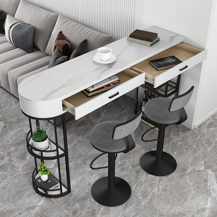 Stone White Interior Glam Bar Mesa de comedor Table de bistro de doble pedestal de hierro con cajón