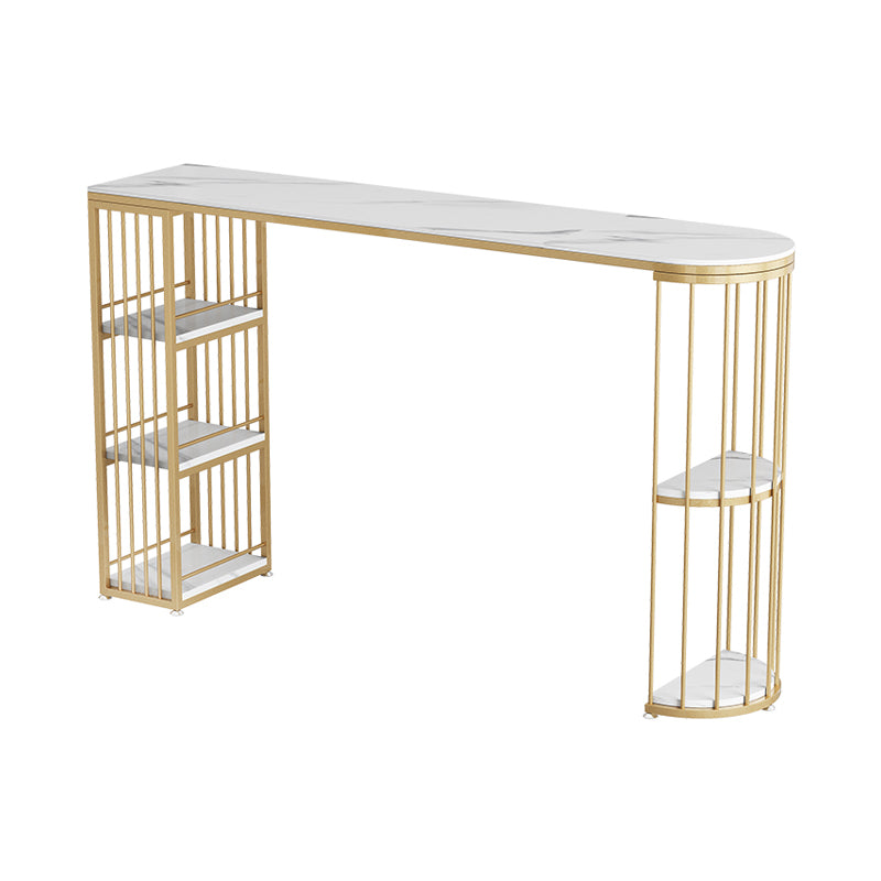 Glam White Stone Indoor Bar Dining Table Iron Double Pedestal Bistro Table with Shelve