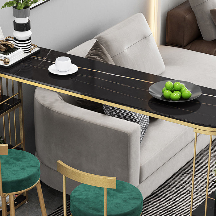 Glam White Stone Indoor Bar Dining Table Iron Double Pedestal Bistro Table with Shelve