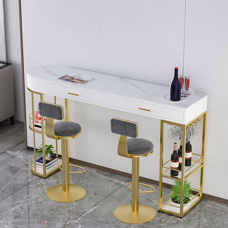 Stone Indoor Glam Bar Dining Table Gold Iron Double Pedestal Bistro Table with Drawer