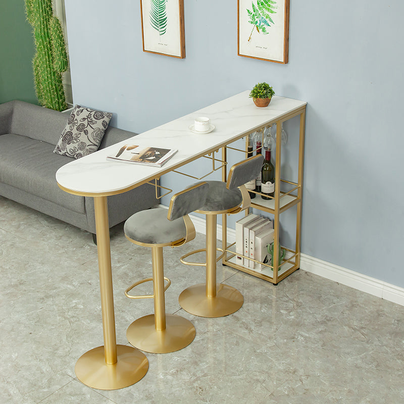 Glam White Stone Bar Dining Table Gold Iron Double Pedestal Bistro Table with Shelve