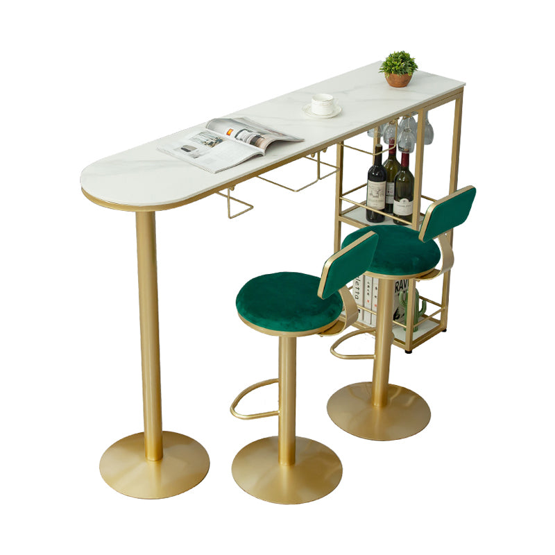 Glam White Stone Bar Dining Table Gold Iron Double Pedestal Bistro Table with Shelve