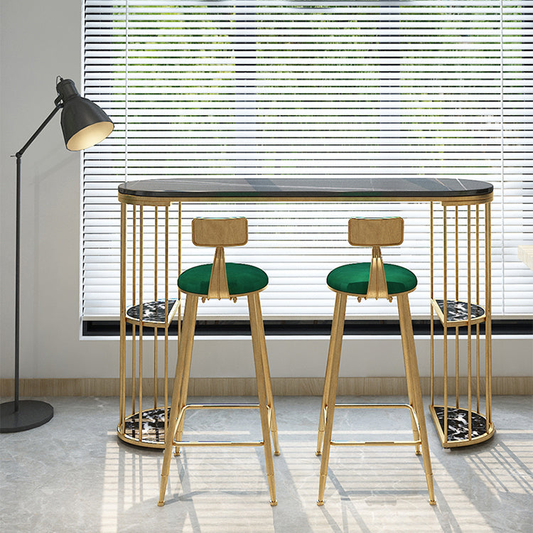 Stone Oval Indoor Glam Bar Dining Table Iron Double Pedestal Bistro Table with Shelve