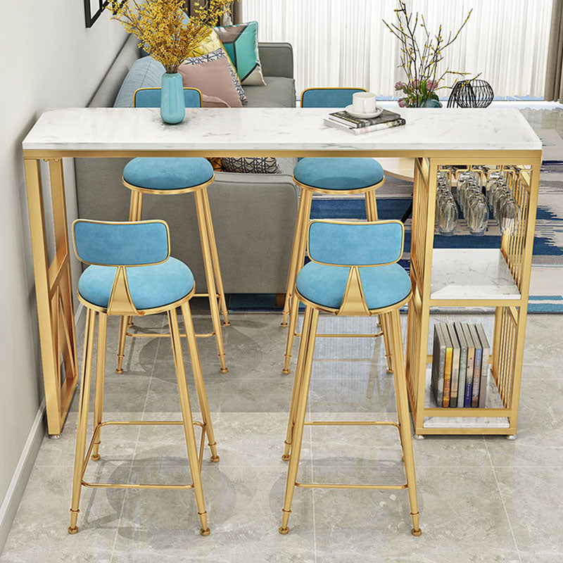 Glam White Marble Bar Dining Table Iron Double Pedestal Bistro Table with Shelve