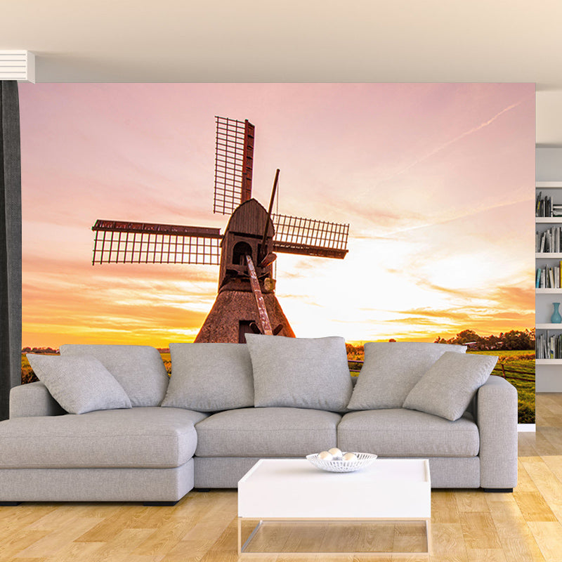 Living Room Wall Mural Wallpaper Small Town Windmill Mildew Resistant Wall Decor