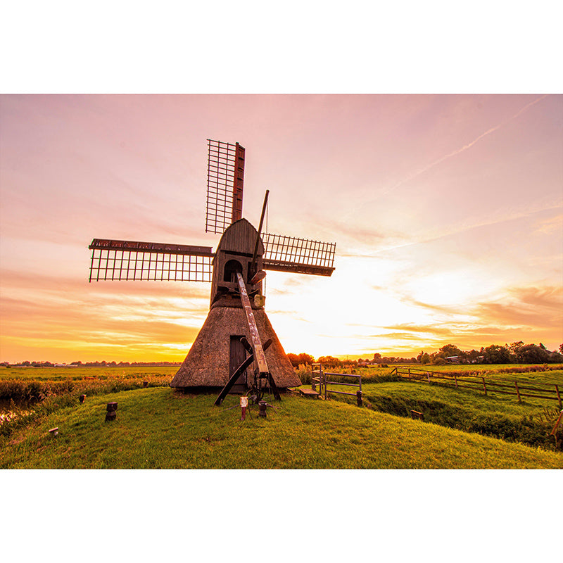 Living Room Wall Mural Wallpaper Small Town Windmill Mildew Resistant Wall Decor
