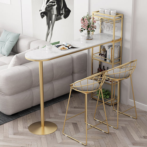 Contemporary Bar Dining Table Indoor Marble Top Bar Table Iron Base with Shelves