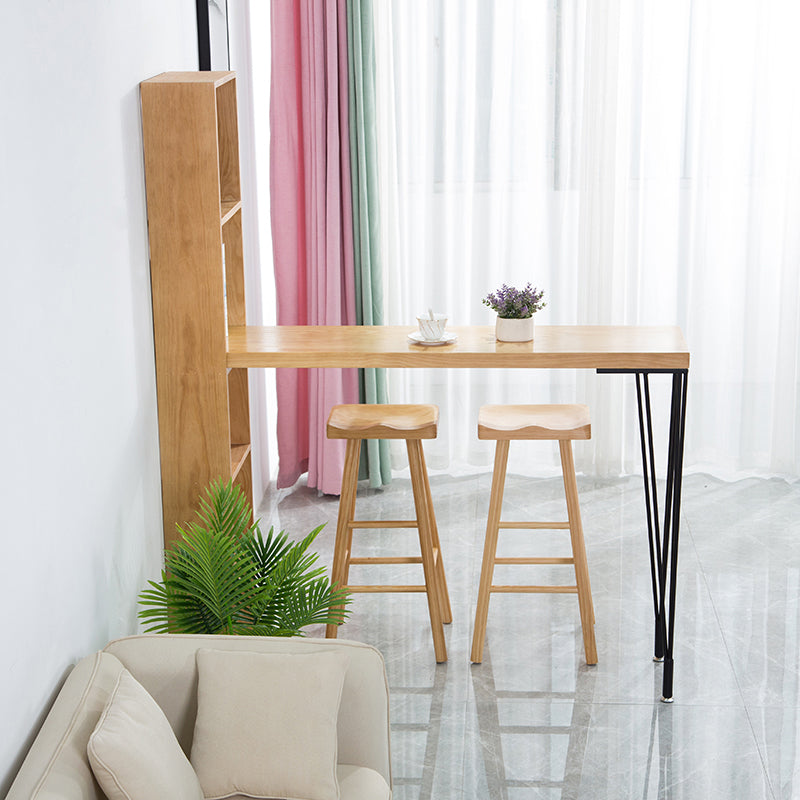 Modern Wood Natural Bistro Accent Dining Table Rectangle Bar Table with Wine Rack