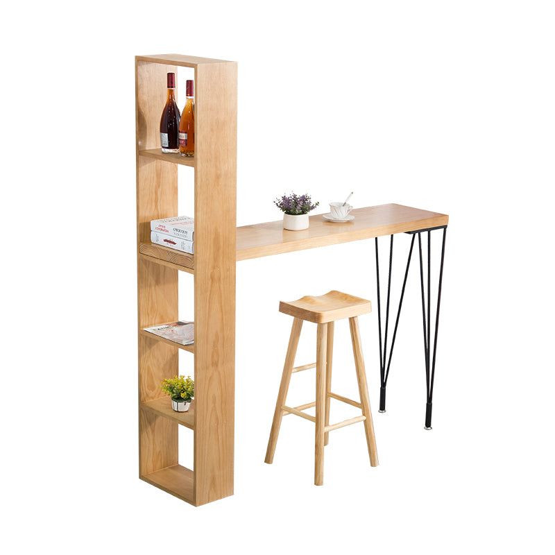 Modern Wood Natural Bistro Accent Dining Table Rectangle Bar Table with Wine Rack