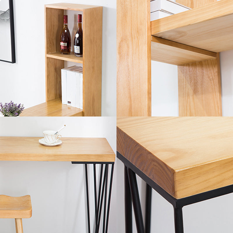Modern Wood Natural Bistro Accent Dining Table Rectangle Bar Table with Wine Rack