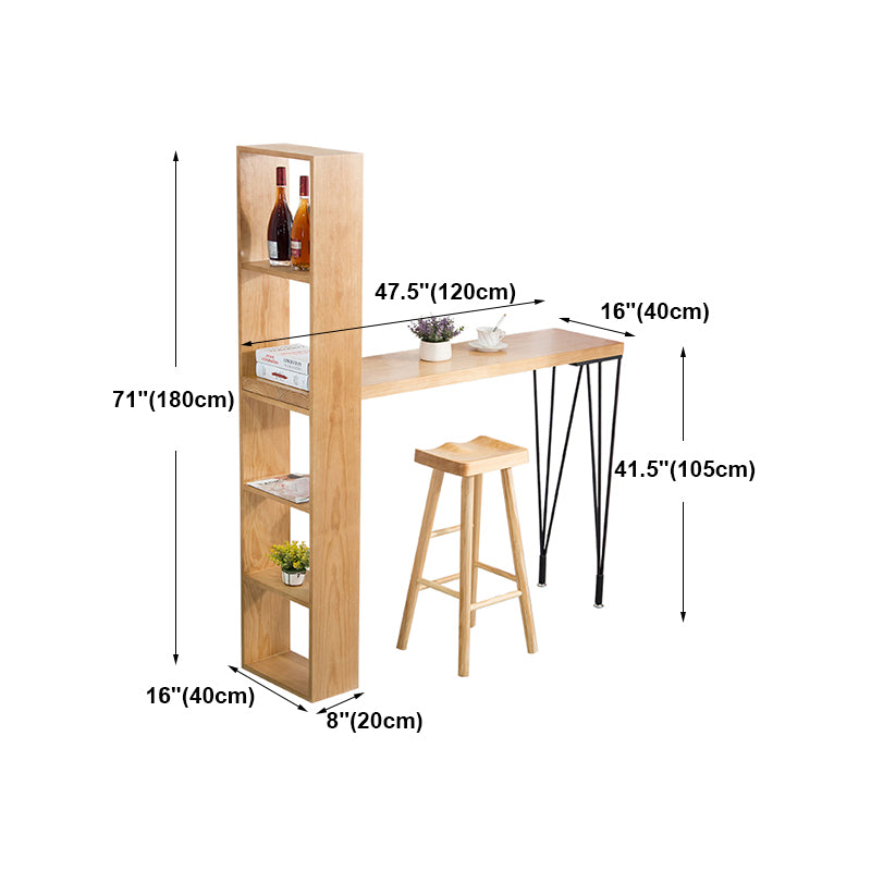 Modern Wood Natural Bistro Accent Dining Table Rectangle Bar Table with Wine Rack