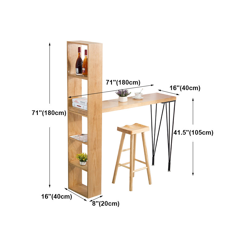 Modern Wood Natural Bistro Accent Dining Table Rectangle Bar Table with Wine Rack