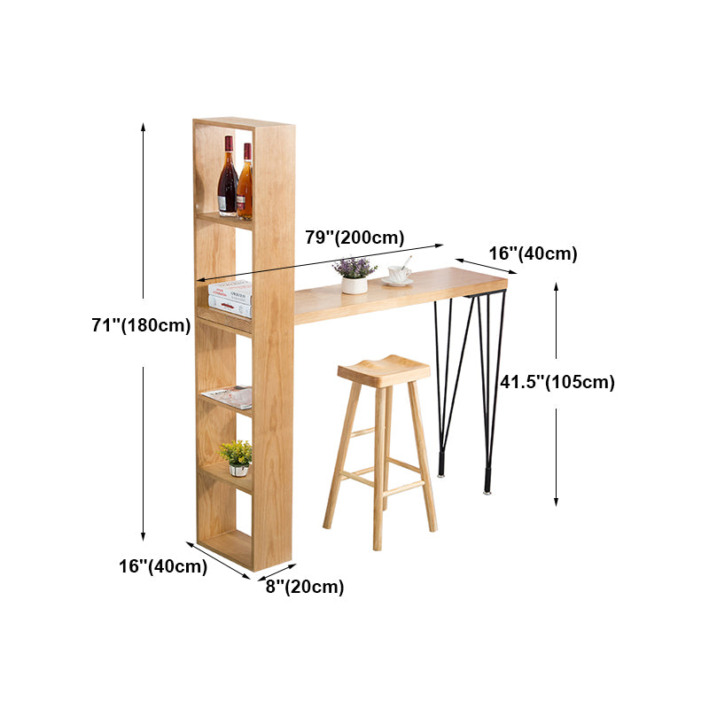 Modern Wood Natural Bistro Accent Dining Table Rectangle Bar Table with Wine Rack