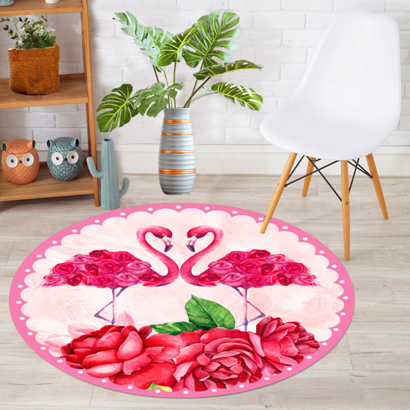 Pink Modern Rug Polyester Flamingos Rug Stain Resistant Rug for Living Room
